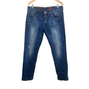 Desigual Boyfriend Jeans 32 Mermaid Embroidery Colorful Cuff Distressed Art